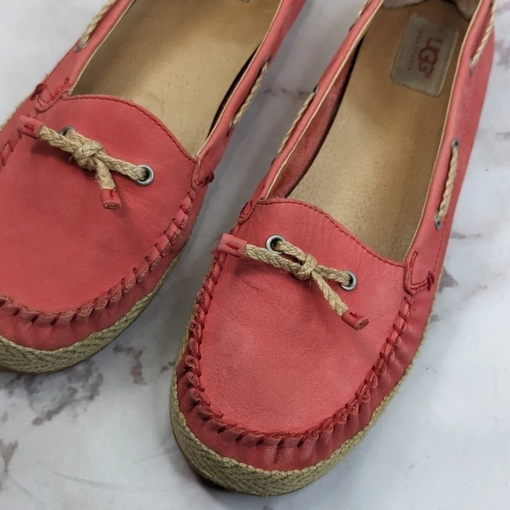 Ugg Shoes Women 11 Pink Slip On Mocassin Espadrille Loafer Tomato Flats Leather